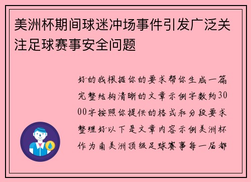 美洲杯期间球迷冲场事件引发广泛关注足球赛事安全问题