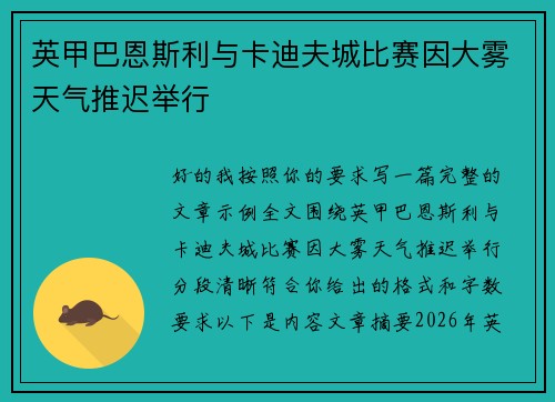英甲巴恩斯利与卡迪夫城比赛因大雾天气推迟举行