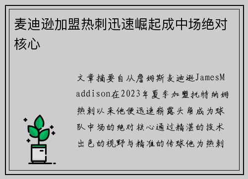 麦迪逊加盟热刺迅速崛起成中场绝对核心