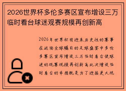 2026世界杯多伦多赛区宣布增设三万临时看台球迷观赛规模再创新高